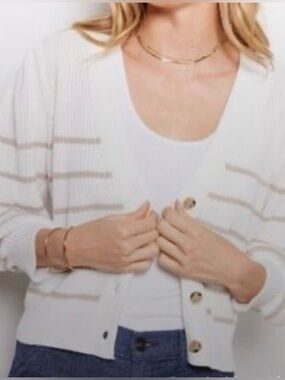Evereve Hayes Striped Cardigan Sweater Ivory Taupe Puff Sleeve Size Medium